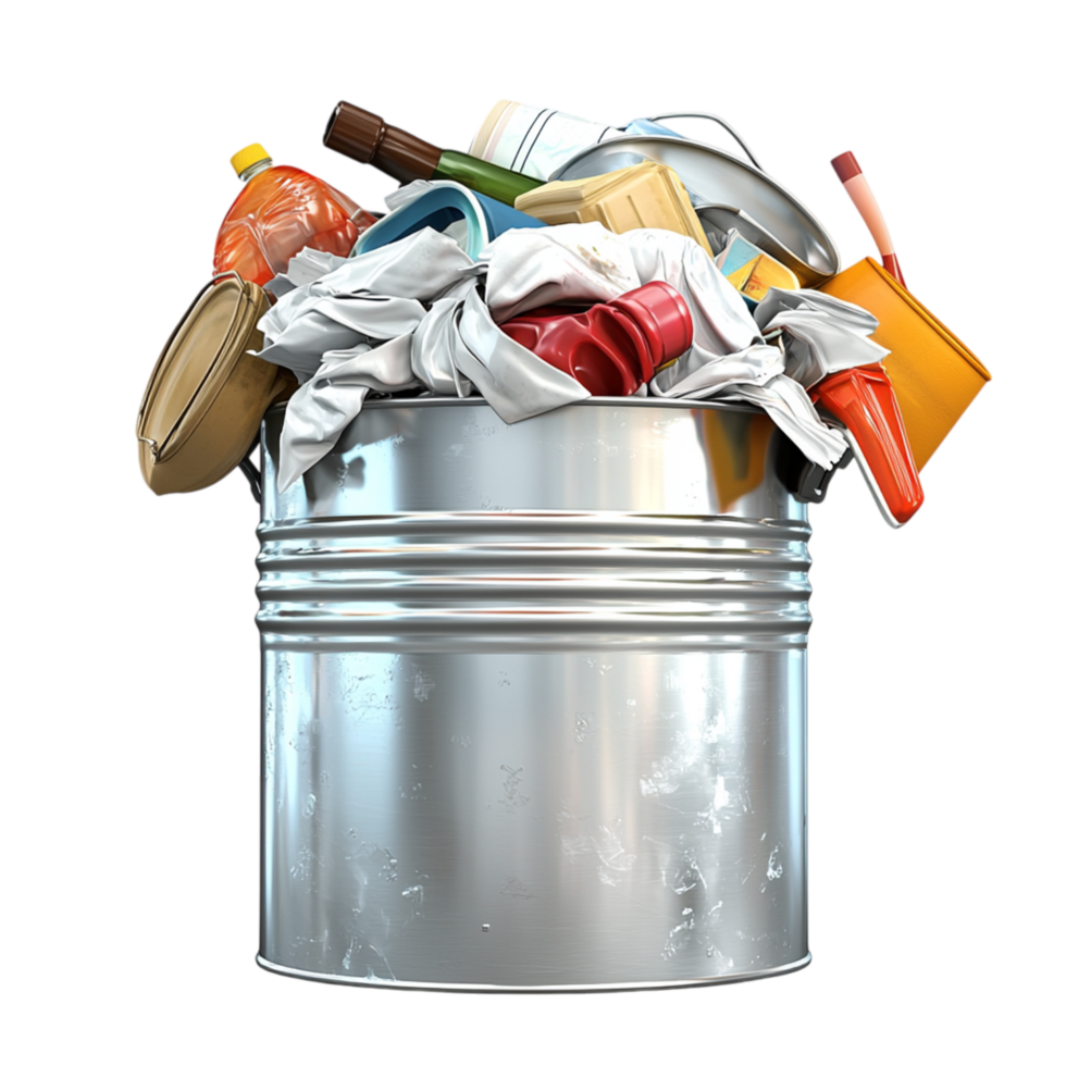Overflowing trash can filled colorful waste highlights environmental responsibility, pollution awareness, the urgent call for recycling efforts. png