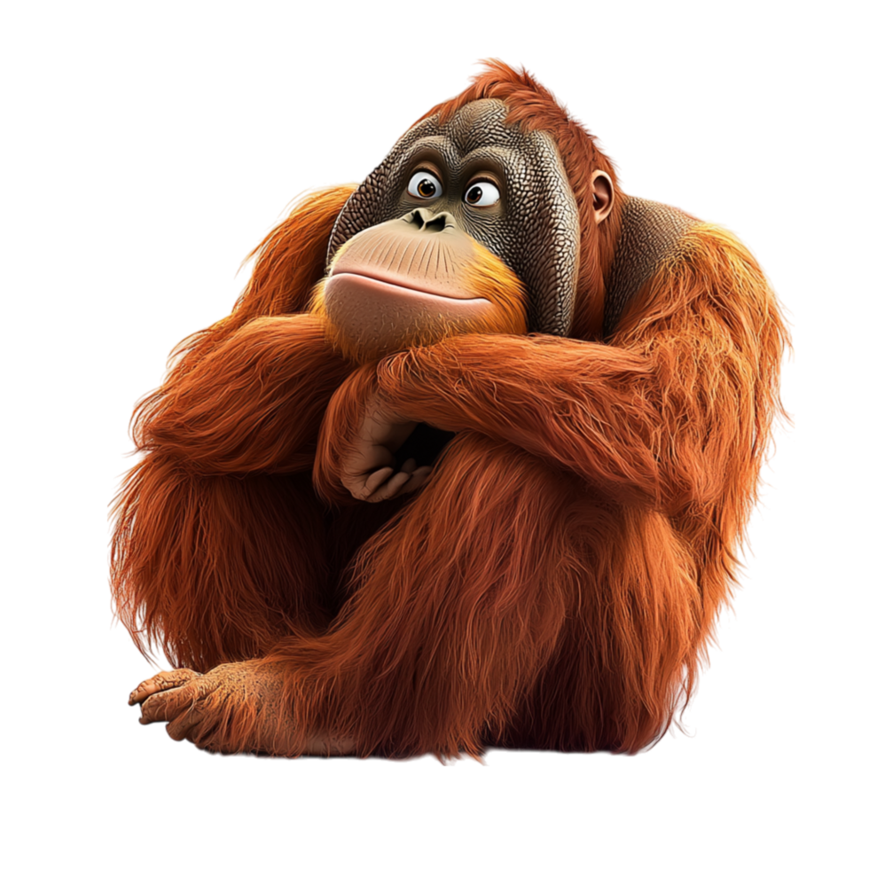 Thoughtful orangutan expressive deepset eyes sits arms folded, revealing intelligence, curiosity, a glimpse into primate emotions. png