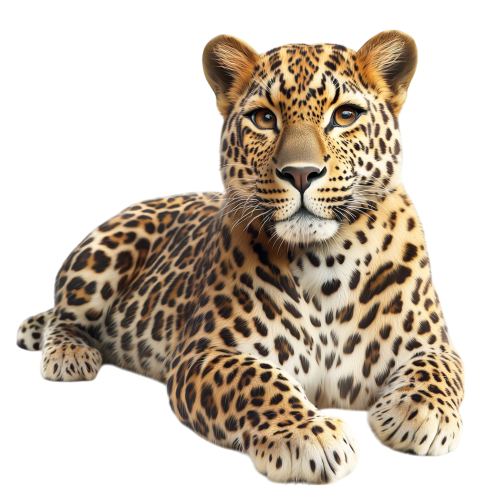 Majestic leopard lounging effortlessly displays its golden spotted coat, showcasing wild agility, strength, the essence of feline beauty. png