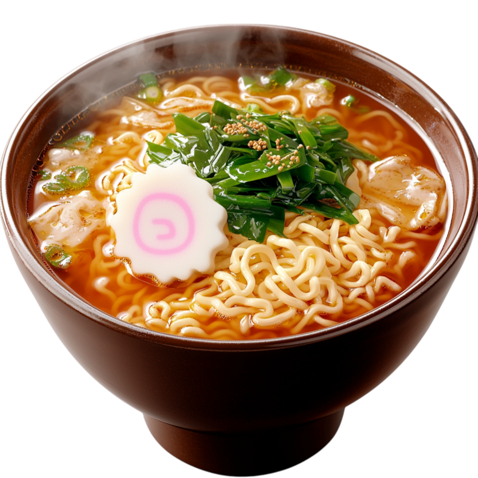 Steaming bowl of delicious ramen featuring thick noodles rich broth offers warmth, comforting flavors, authentic Asian cuisine. png