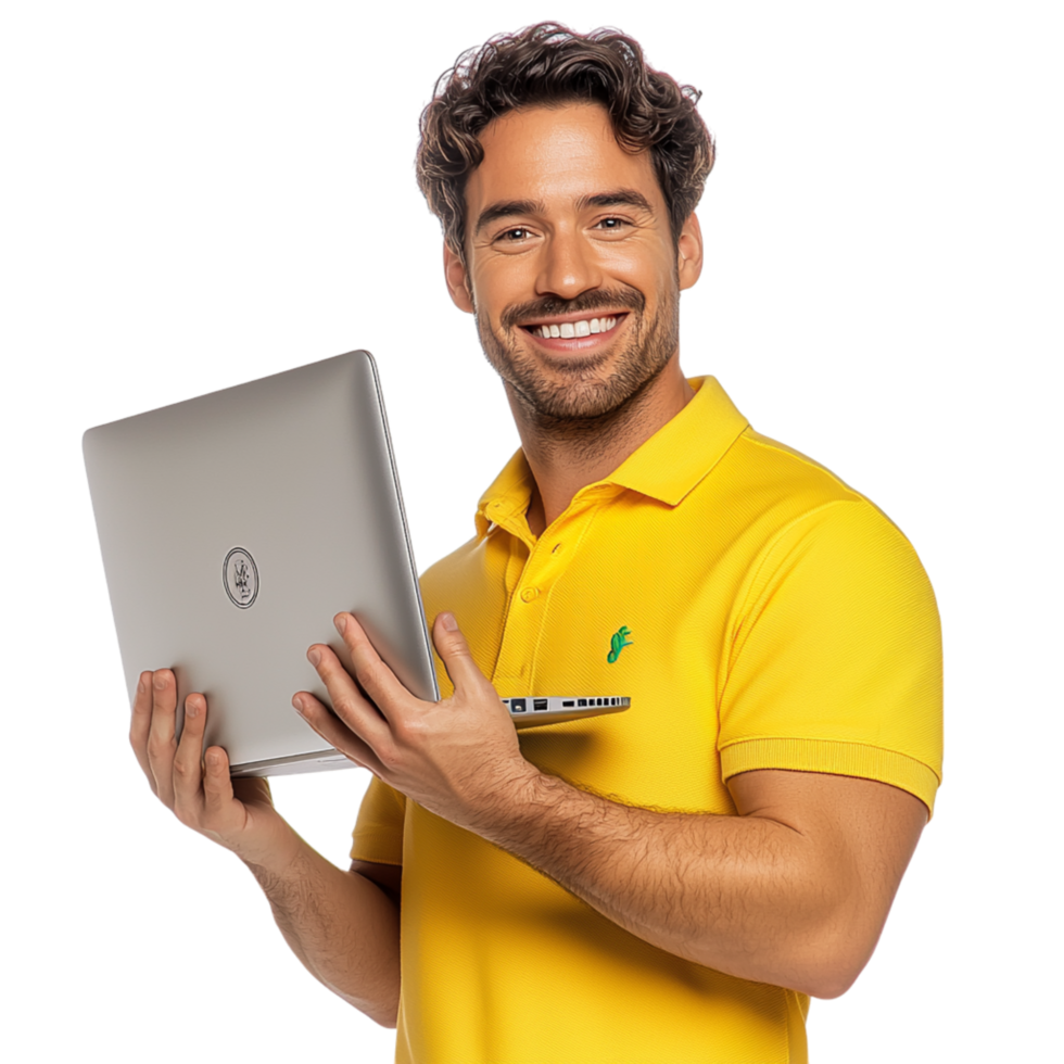 Smiling man wearing a yellow polo holds his laptop confidently, showcasing expertise, technology, the essence of digital workplaces. png