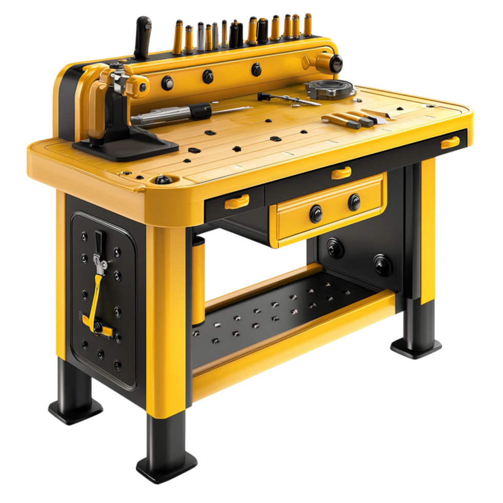 Organized yellow workbench neatly holds essential tools, celebrating craftsmanship, precision, the dedication of skilled laborers. png