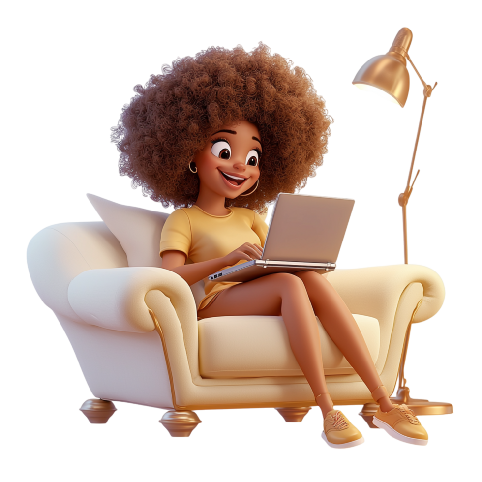 Relaxed woman soft curls enjoys reading on a cozy couch, reflecting leisure, learning, the peace of home. png