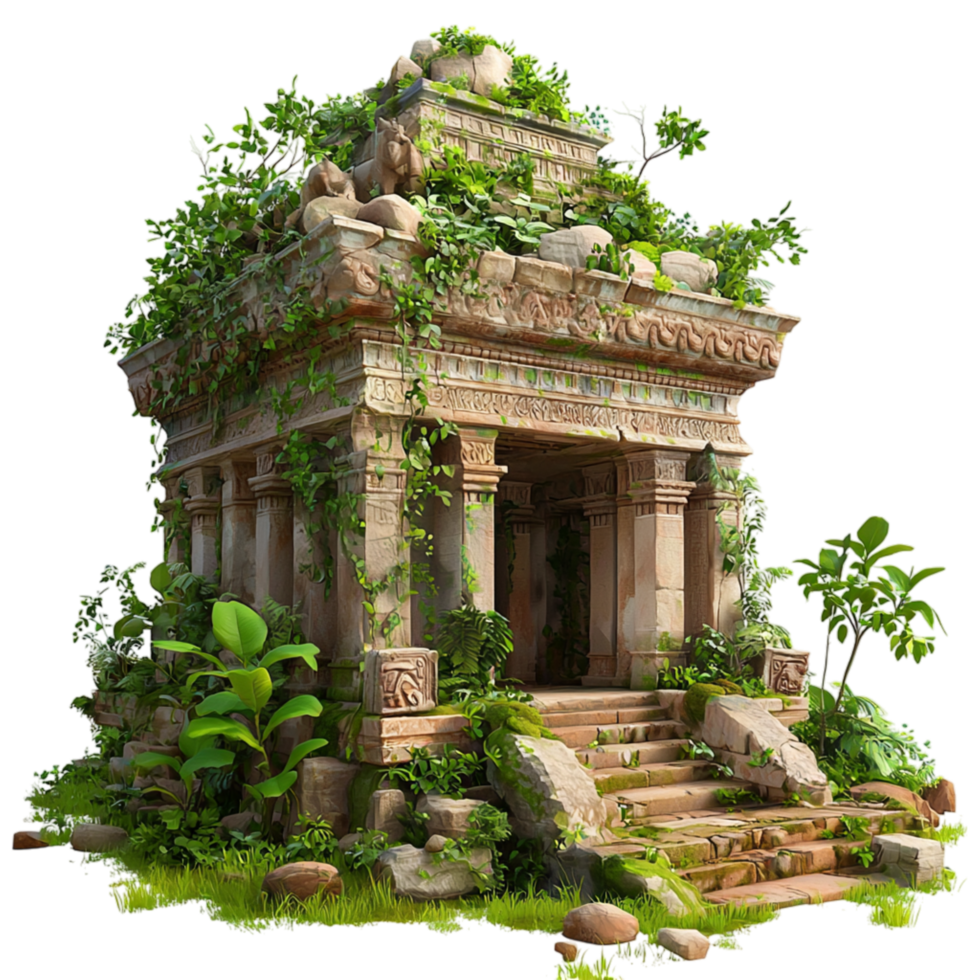 Ancient stone temple covered in creeping vines whispers mysteries, inviting adventure, discovery, the allure of forgotten civilizations. png