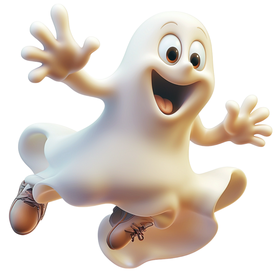 Cheerful cartoon ghost floating playfully through the air spreads fun, lighthearted energy, a charmingly spooky Halloween atmosphere. png