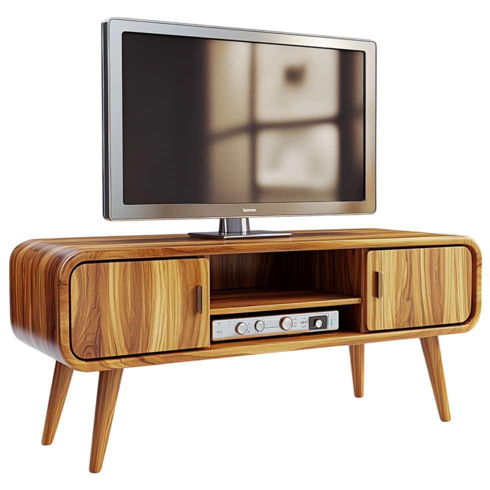 Sleek wooden TV st clever shelving, offering stylish support for screens in cozy modern living room settings. png