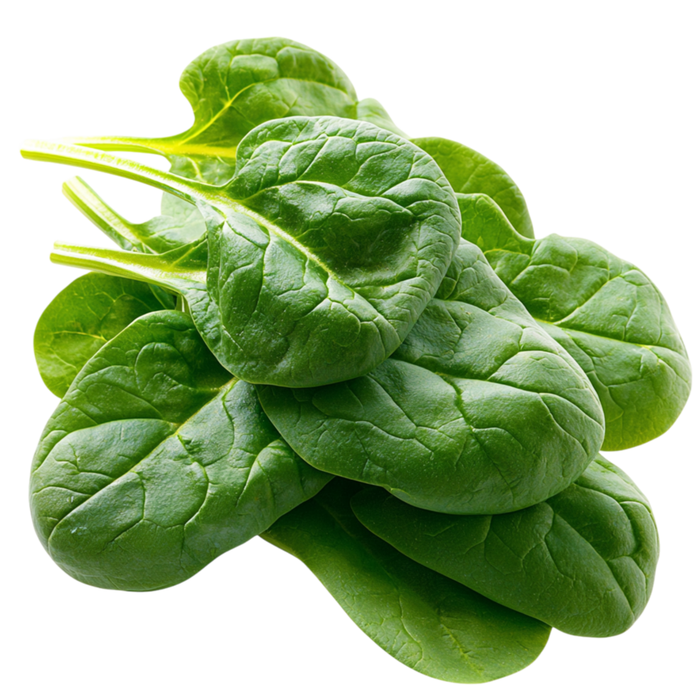 Crisp emerald spinach leaves stacked vibrantly, packed essential nutrients rich vitality for preparing wholesome, healthy meals. png