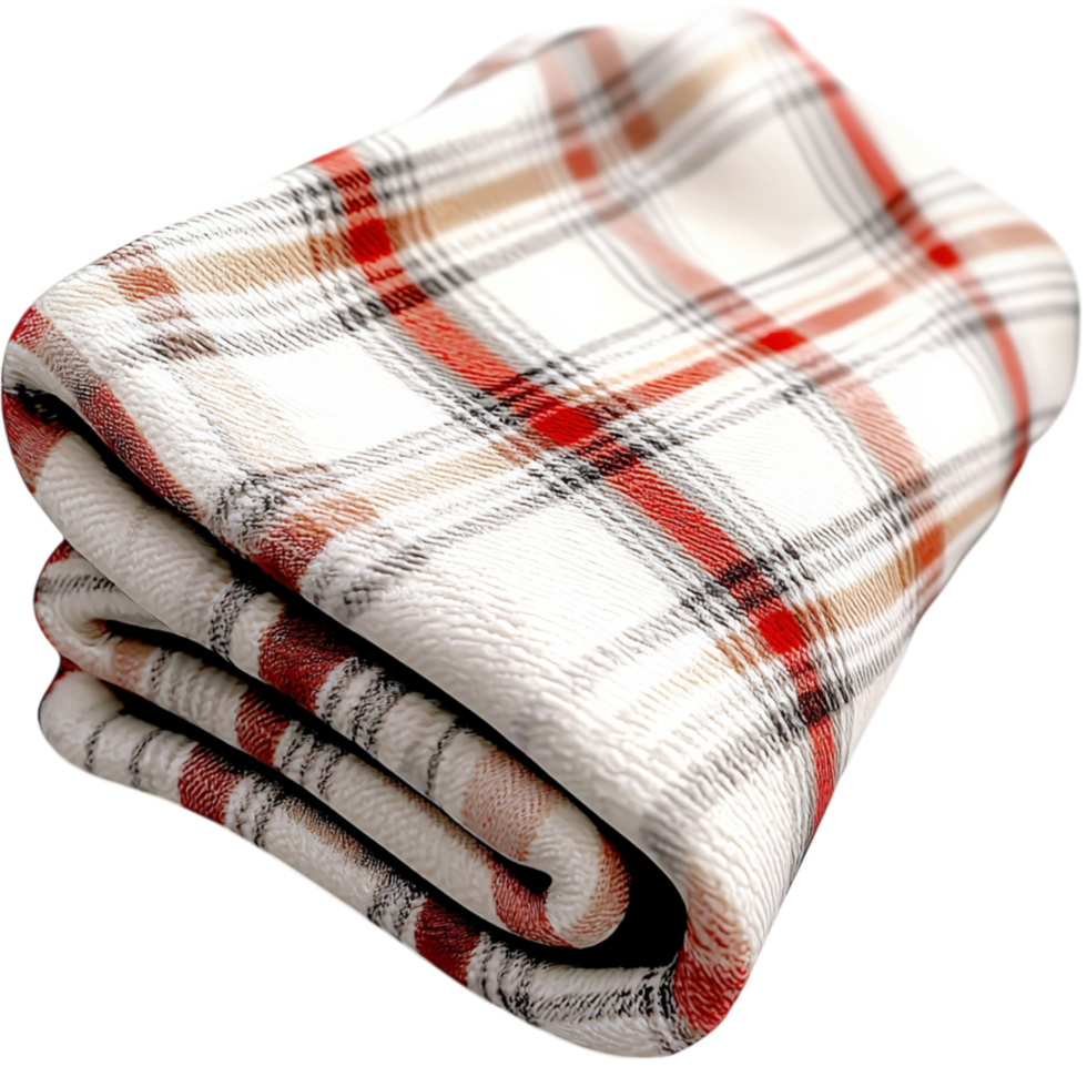 Cozy tartan throw blanket folded neatly, offering luxurious warmth ultimate relaxation for chilly winter nights indoors. png