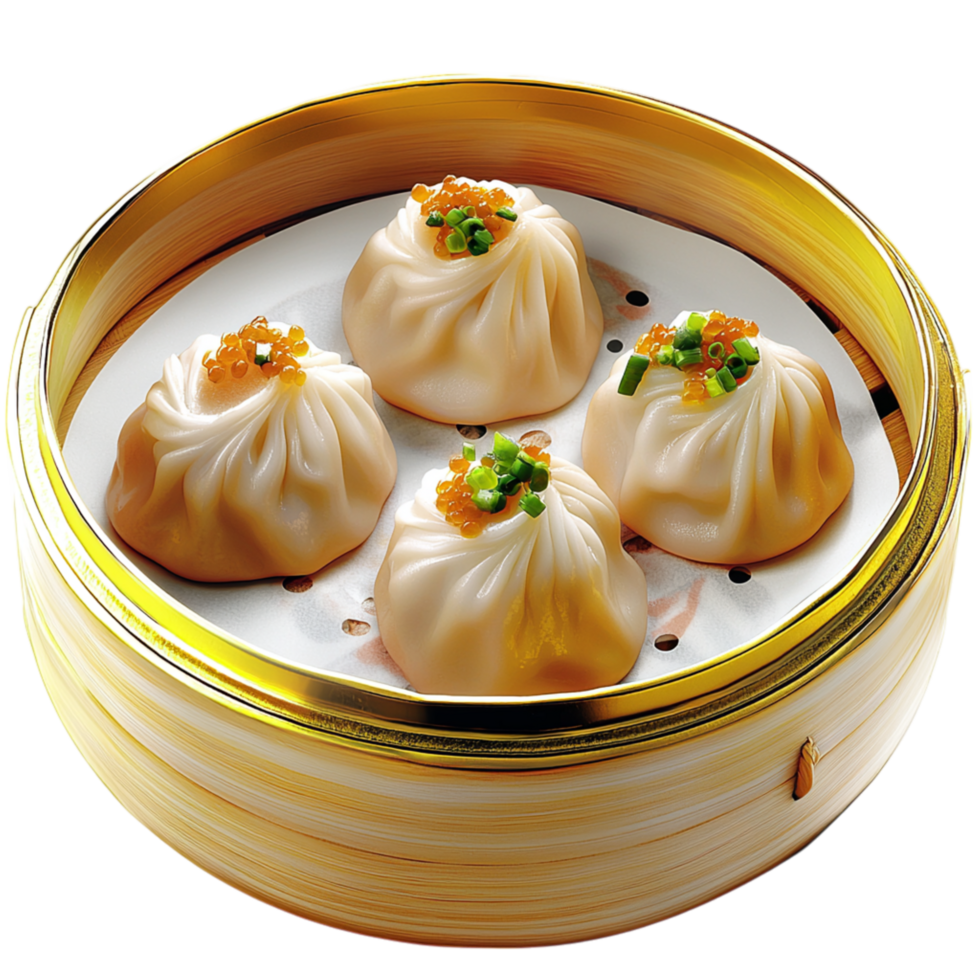 Steaming bamboo basket filled plump dim sum dumplings, offering an authentic satisfying flavorful Asian culinary delight. png