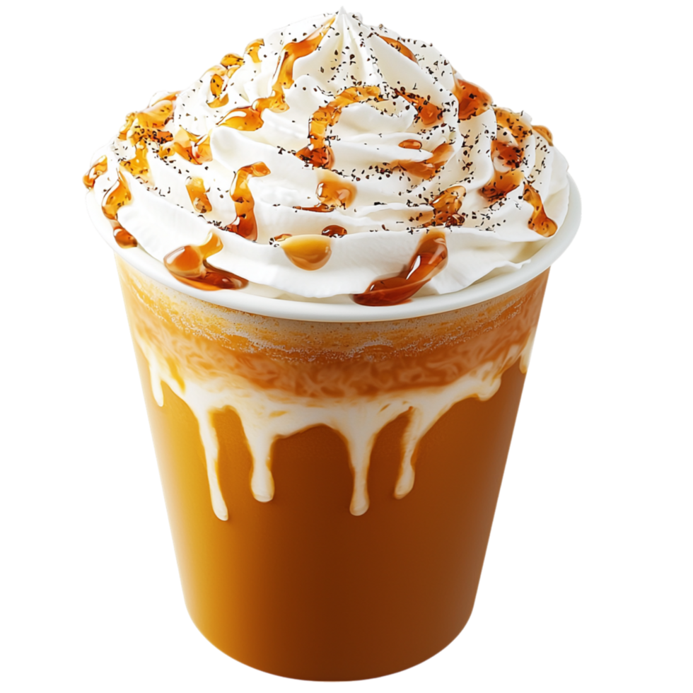 Autumnal pumpkin spice latte topped whipped cream cinnamon embodies cozy seasonal flavors, crisp fall air, warmth. png
