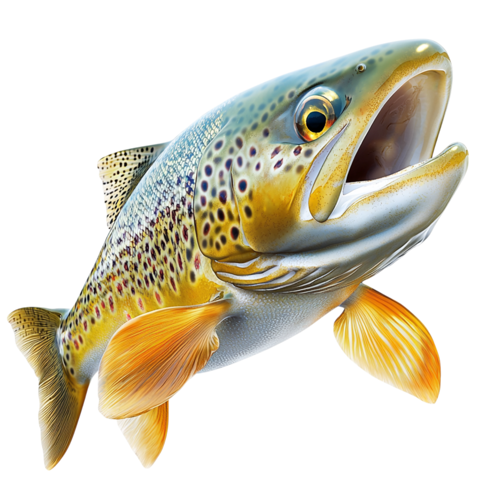 Energetic brown trout leaps powerfully from rippling water, shimmering scales glistening under sunlight, showcasing strength, agility, fearless untamed spirit. png