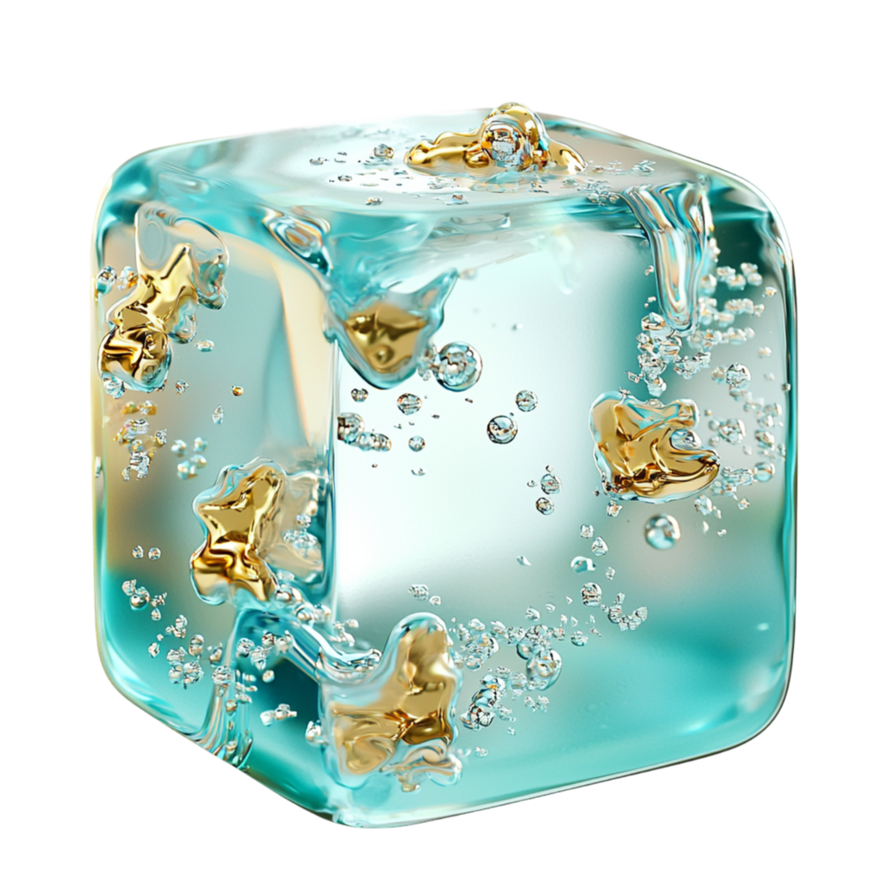 Glistening ice cube encasing golden coins represents wealth, financial preservation, the symbolic idea of fortune frozen in time. png