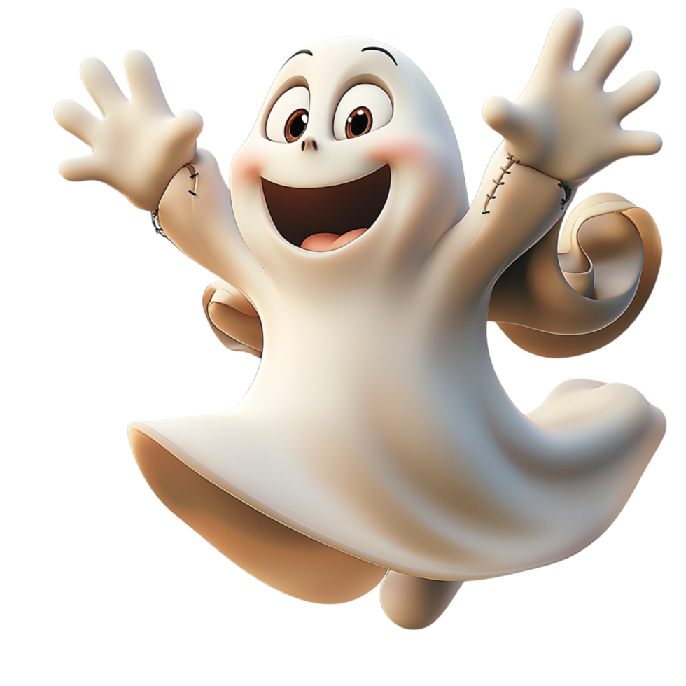 Friendly white cartoon ghost toothy grin spreads playful Halloween excitement, lighthearted mischief, festive seasonal spookiness. png