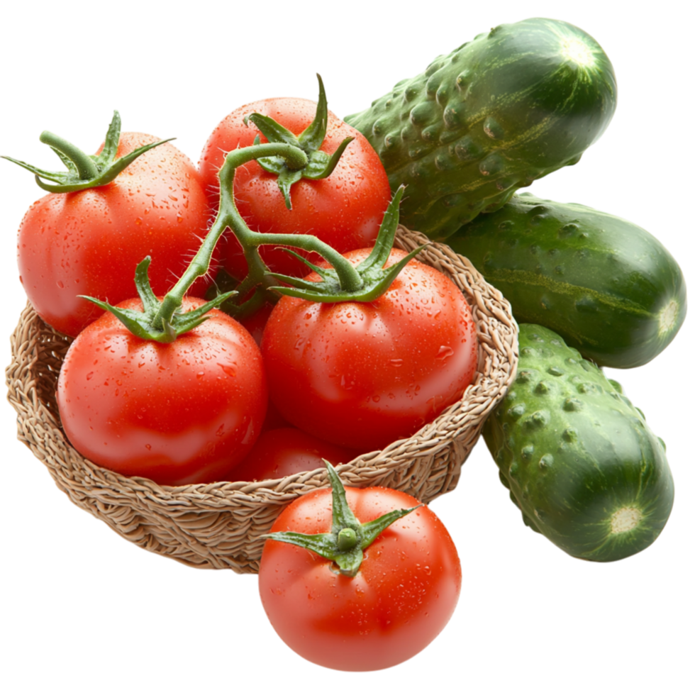 Vibrant woven basket overflowing freshly harvested ripe tomatoes crisp cucumbers, celebrating organic farming, wholesome nutrition, homegrown abundance. png