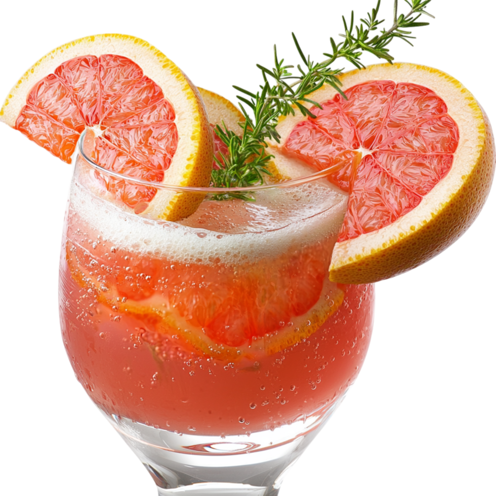 Zesty grapefruit juice served rosemary garnish delivers vibrant citrusy freshness, incredible health benefits, aromatic drinking indulgence. png