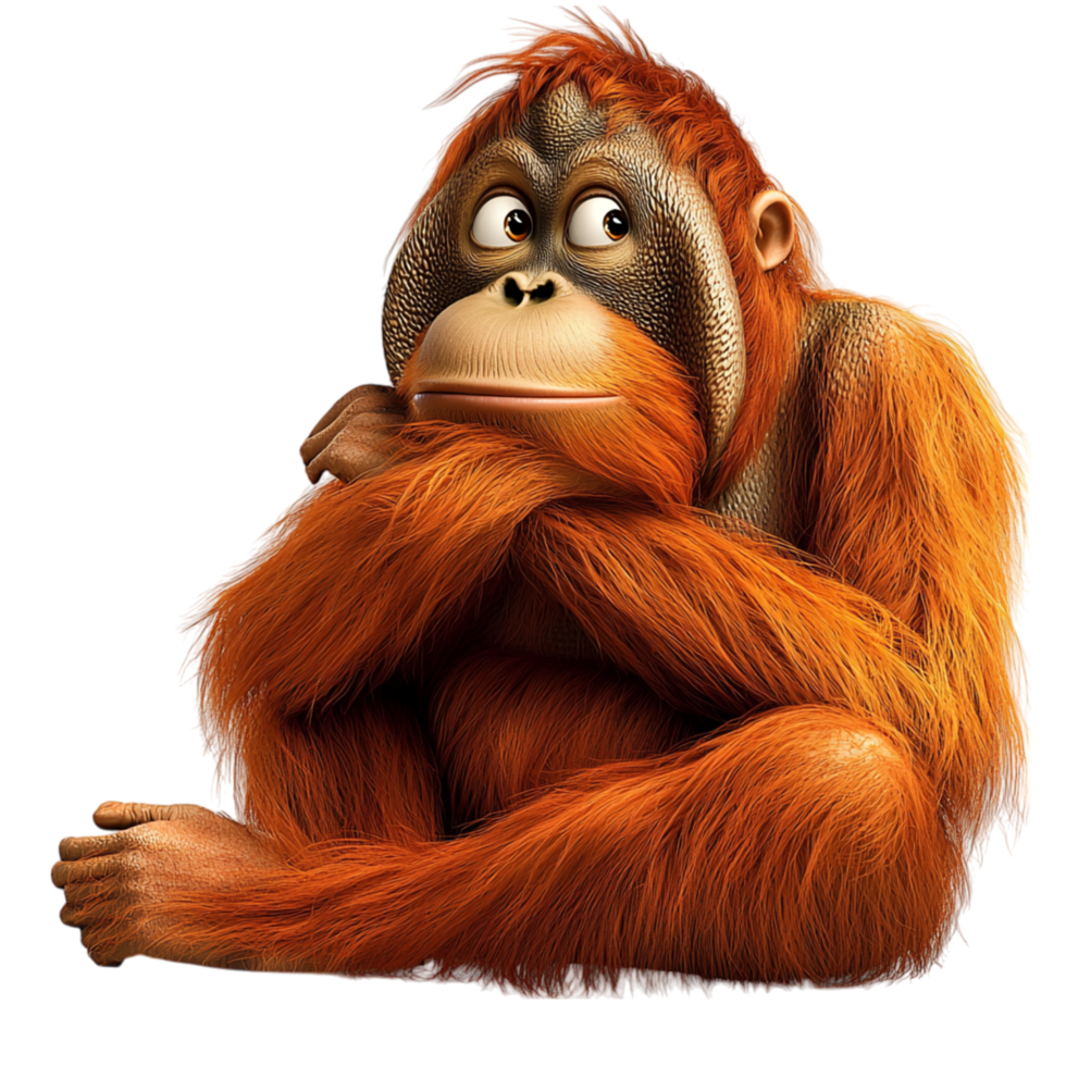 Thoughtful orangutan sitting calmly expressive deepset eyes folded arms reveals intelligence, curiosity, a glimpse into primate emotions. png
