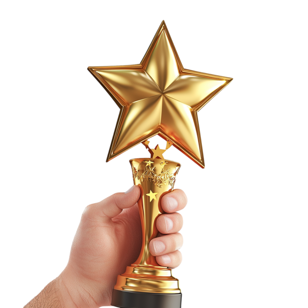 Shimmering golden star trophy held high signifies outsting achievement, ultimate triumph, the pride of wellearned excellence dedication. png
