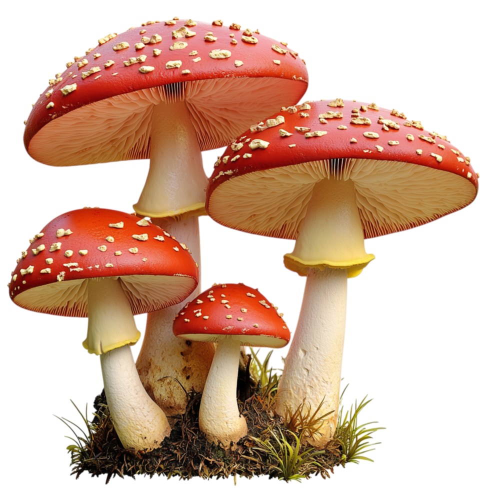 Towering spotted mushrooms striking red white caps cluster closely, evoking fairytale magic, woodl mystery, enchanting folklore. png