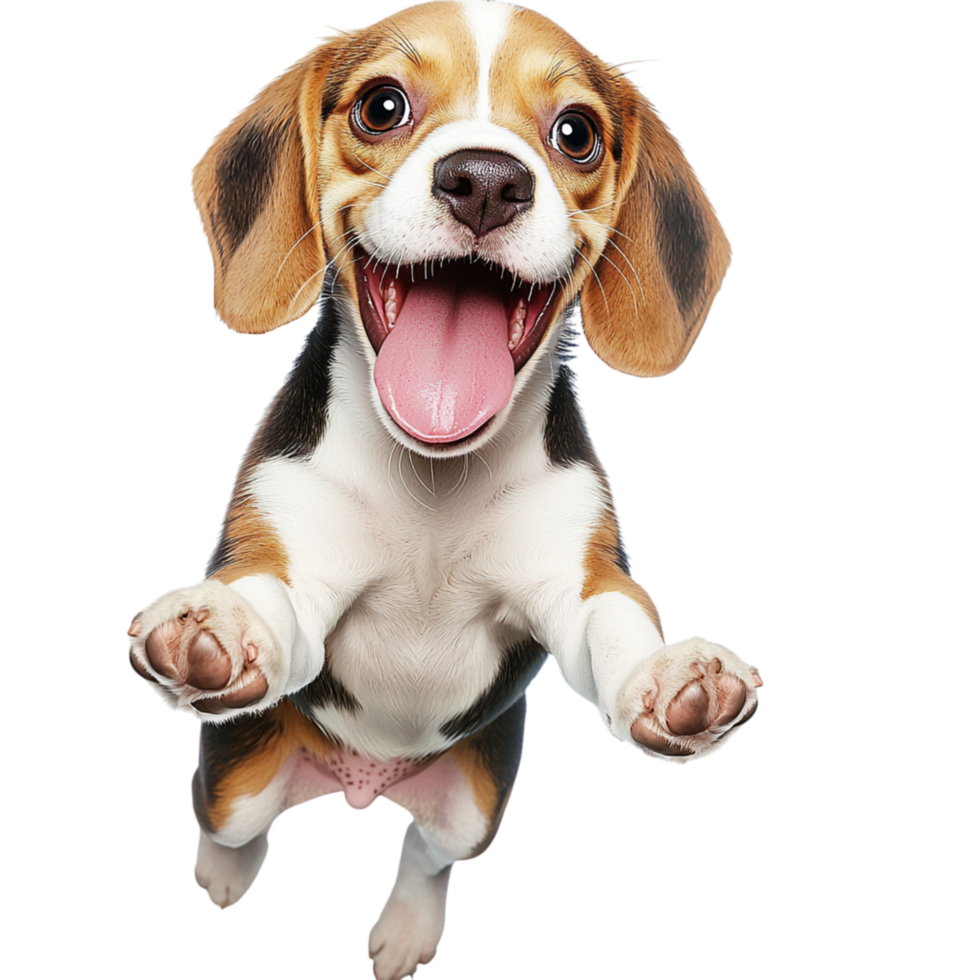 Playful beagle puppy large, expressive eyes jumps excitedly, bursting boundless joy, affectionate energy, endearing pet companionship. png