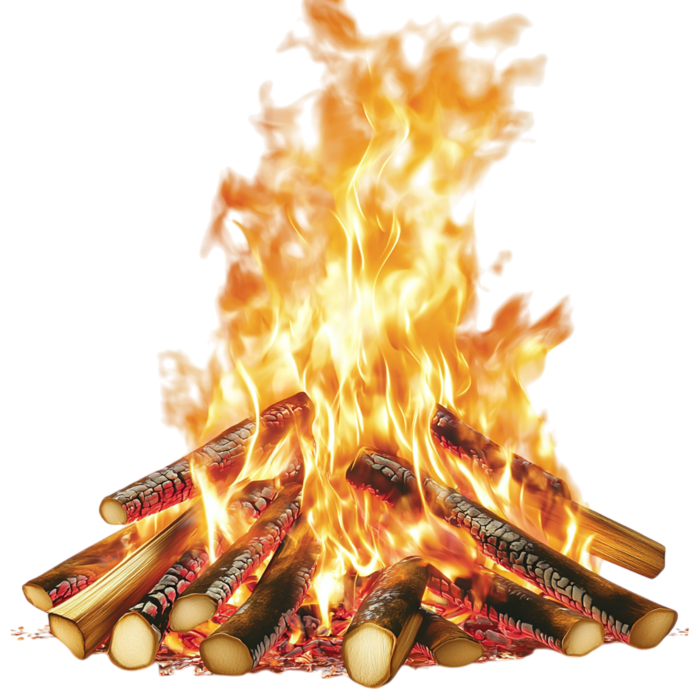 Blazing bonfire roaring flames engulfs stacked wood, mesmerizing warmth, tradition, the powerful energy of untamed fire. png