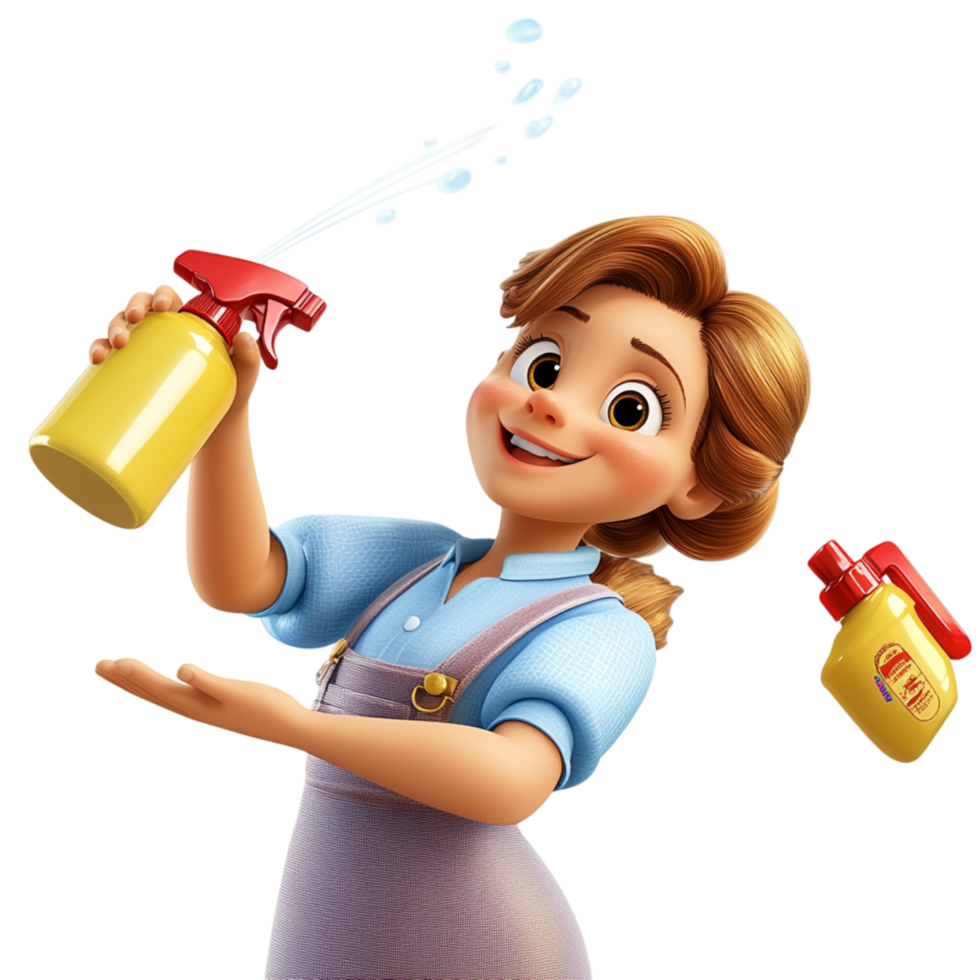 Cheerful girl curly hair joyfully sprays a bottle, embracing responsibility, creativity, the playful excitement of helping chores. png