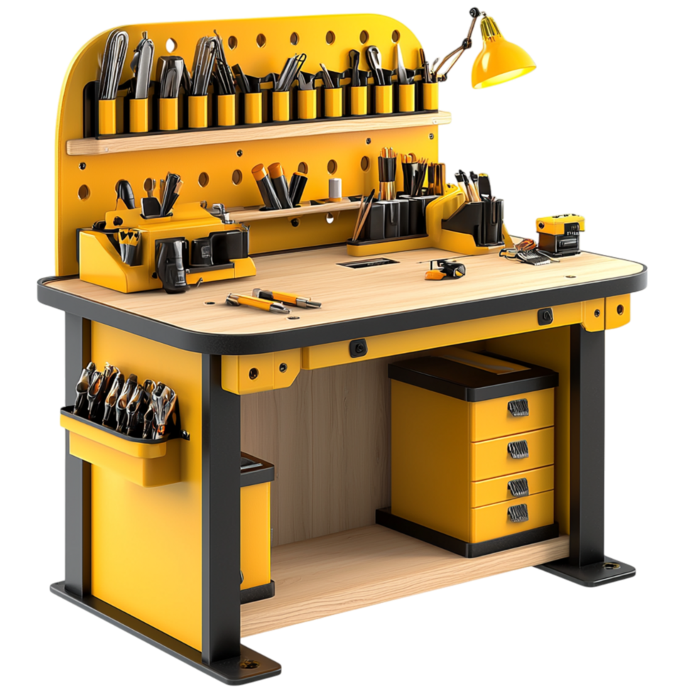 Organized yellow workbench neatly arranged essential tools symbolizes craftsmanship, precision, the dedication of hardworking skilled laborers. png