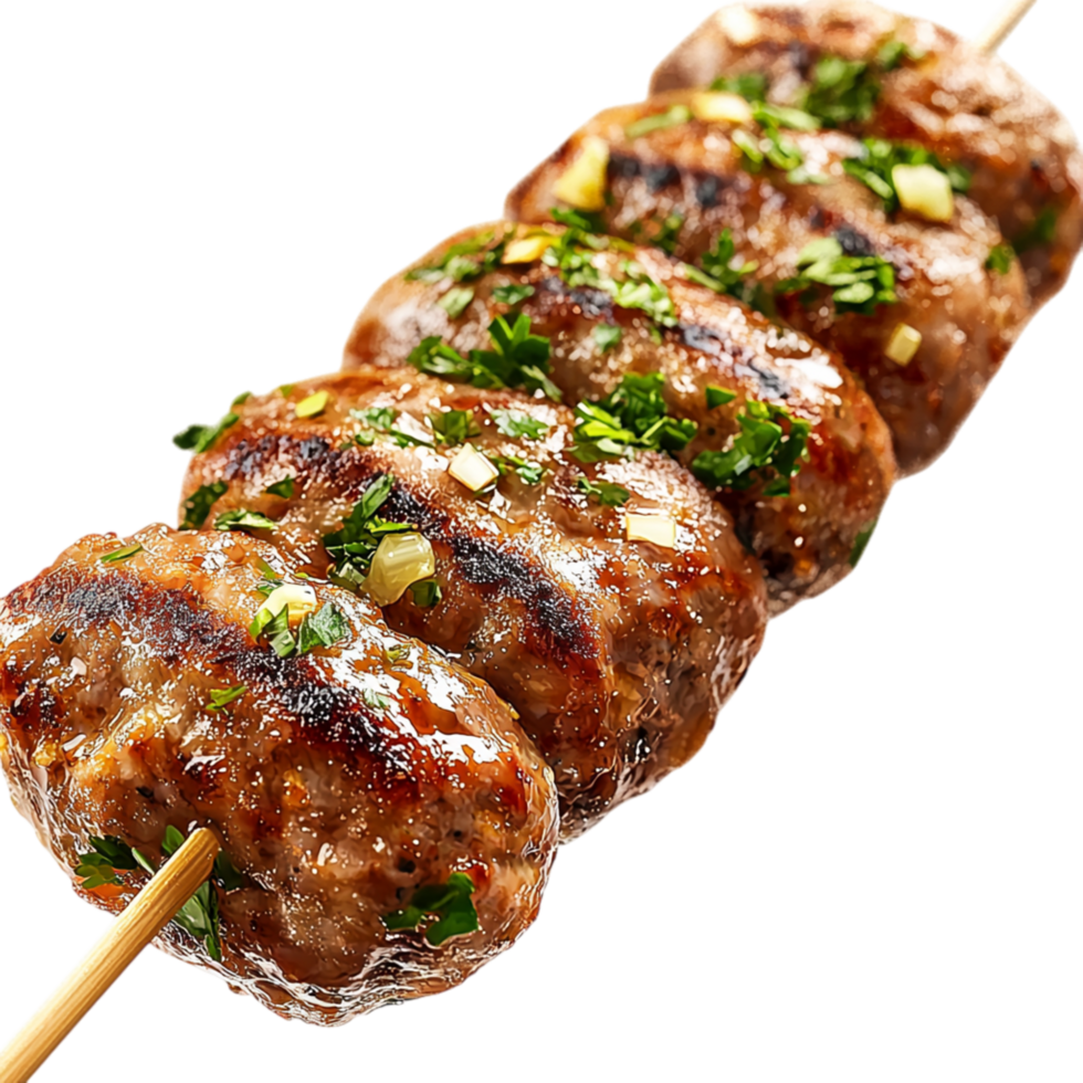 Juicy meat skewers sizzling on a grill alongside fresh vegetables fill the air smoky barbecue flavors, summer vibes, irresistible aroma. png