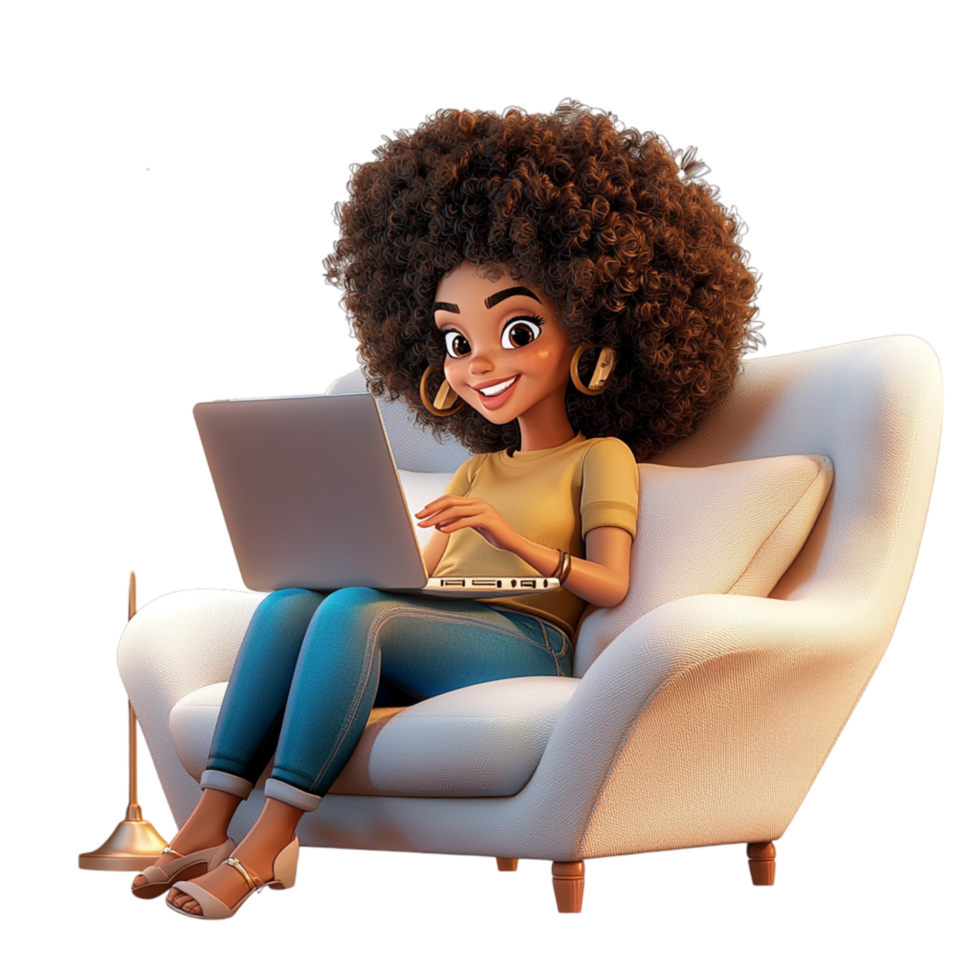 Relaxed woman soft curls enjoys reading peacefully on a cozy couch, reflecting tranquility, knowledge, the comfort of home life. png
