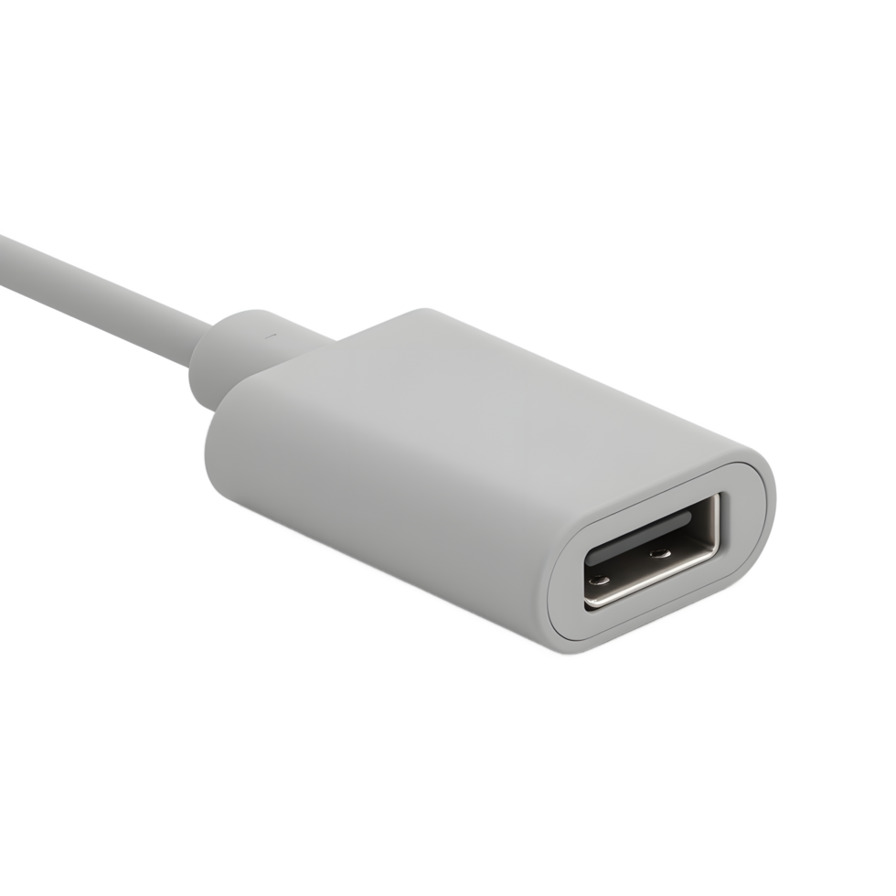 Close up showing a gray USB connection cable on white surface png