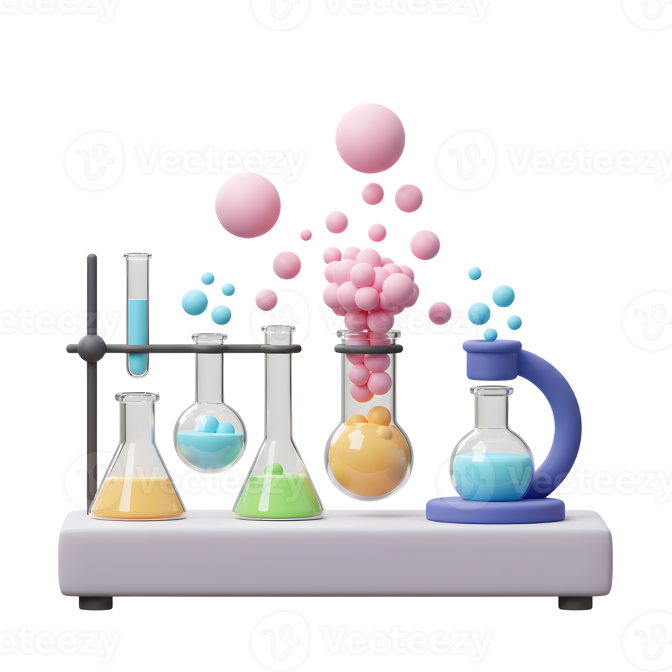 Colorful Science Experiment with Beakers and Bubbles in Laboratory Setting png