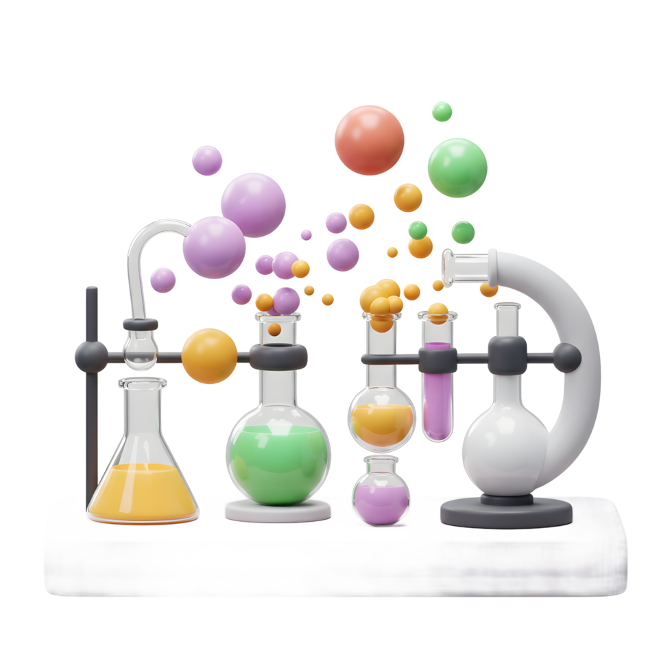 Colorful Chemistry Experiment Illustration with Beakers and Bubbles on White png