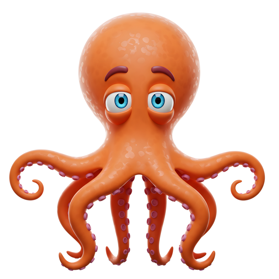 Orange Cartoon Octopus with Big Blue Eyes Standing Isolated on White png