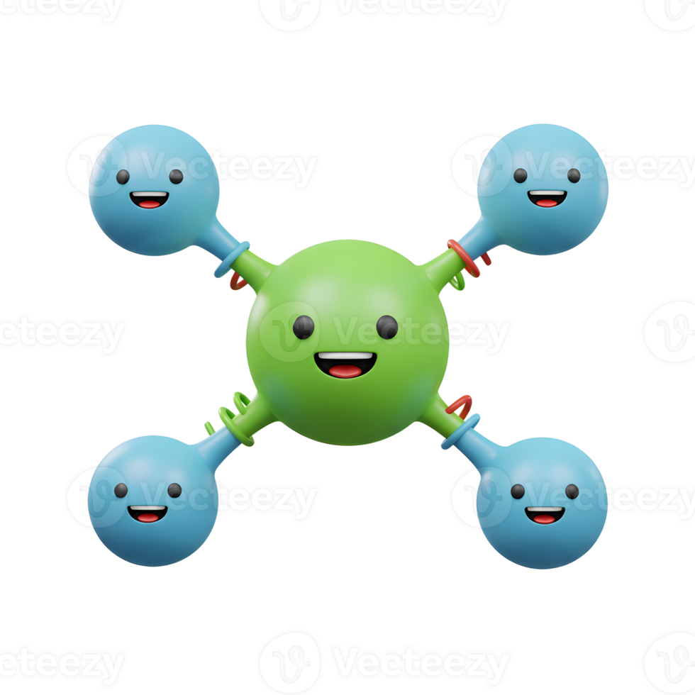 Cartoon Molecular Structure with Faces Happy 3D Rendering on White Background png