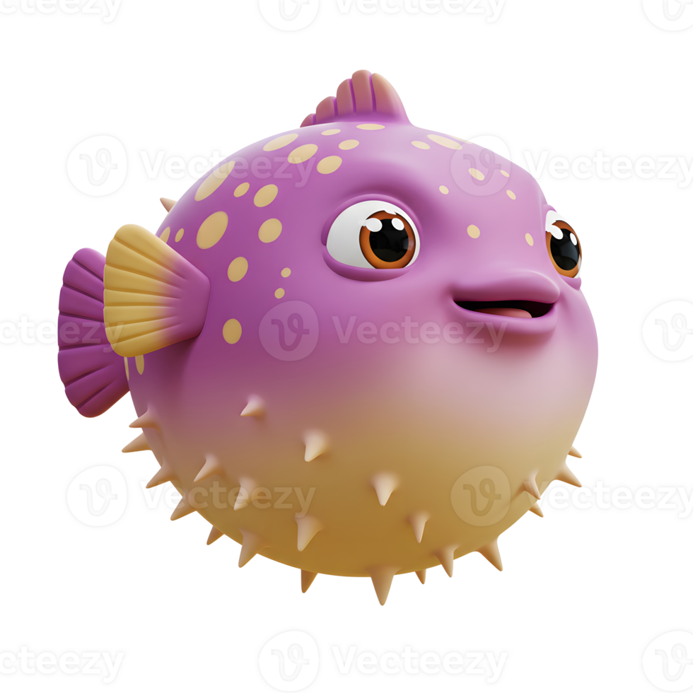 Cute Pufferfish Cartoon Character with Spikes and Big Eyes Isolated png