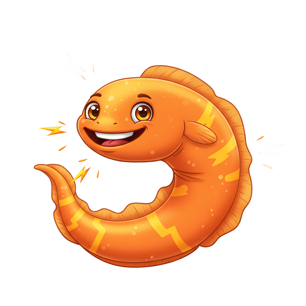 Cartoon Electric Eel Smiling with Yellow Sparkles on a White Background png