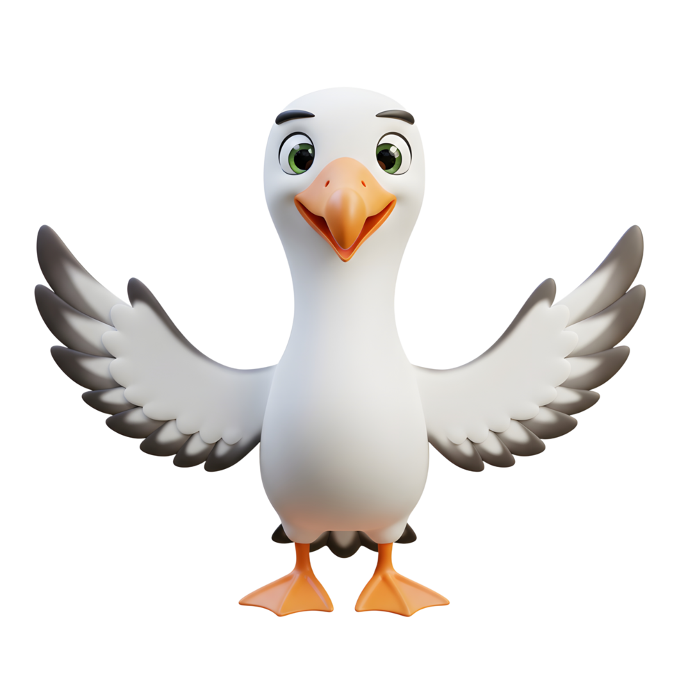 Cute Cartoon Seagull Character Standing with Open Wings on White Background png