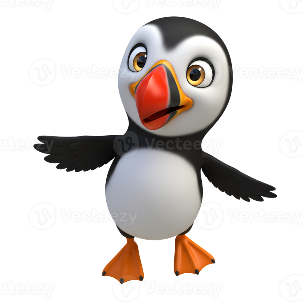 Cute Cartoon Puffin Standing with Open Wings on White Background png