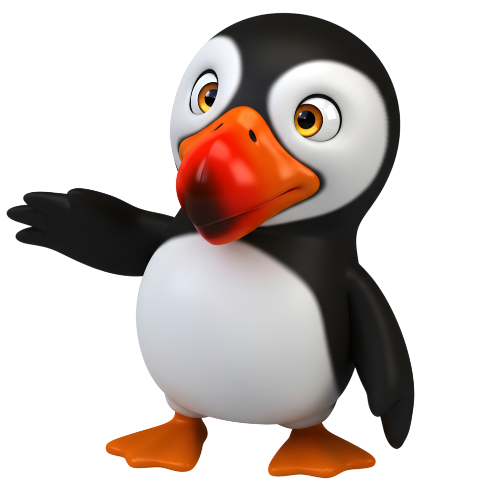 Cartoon Puffin Character Presenting with Open Hand Gesture on White Background png