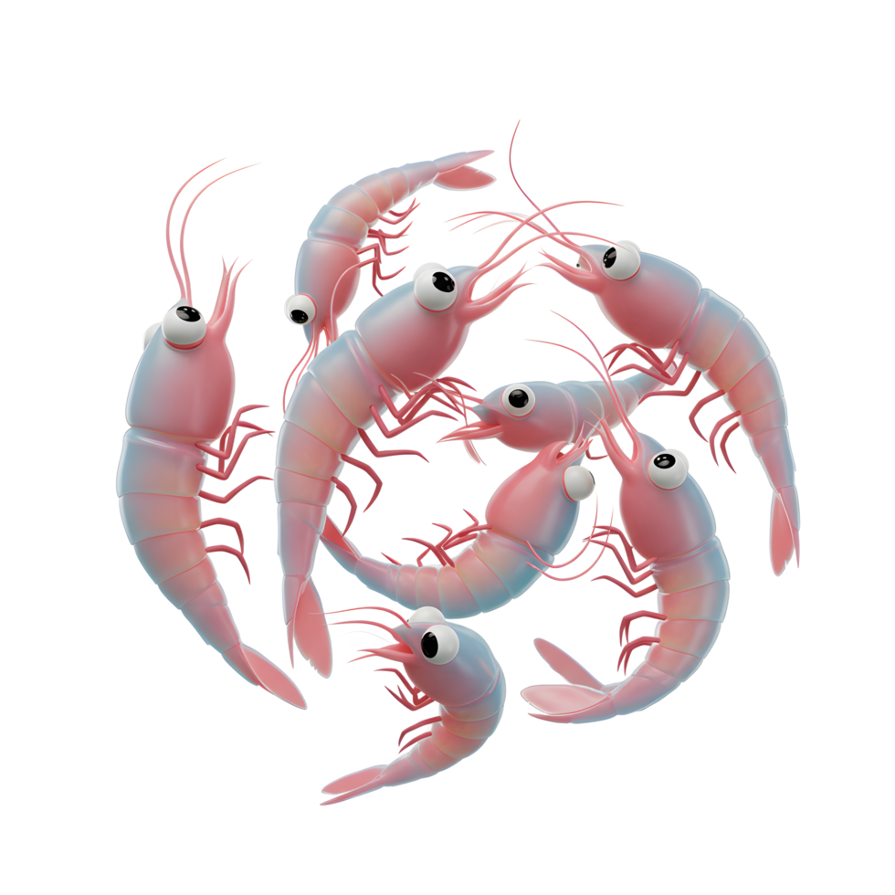 Animated Shrimp Grouped Together on White Background for Fun Display png