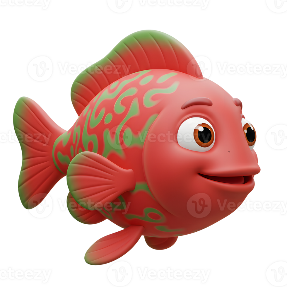 Cute Red Cartoon Fish with Green Markings Floating on White Background png