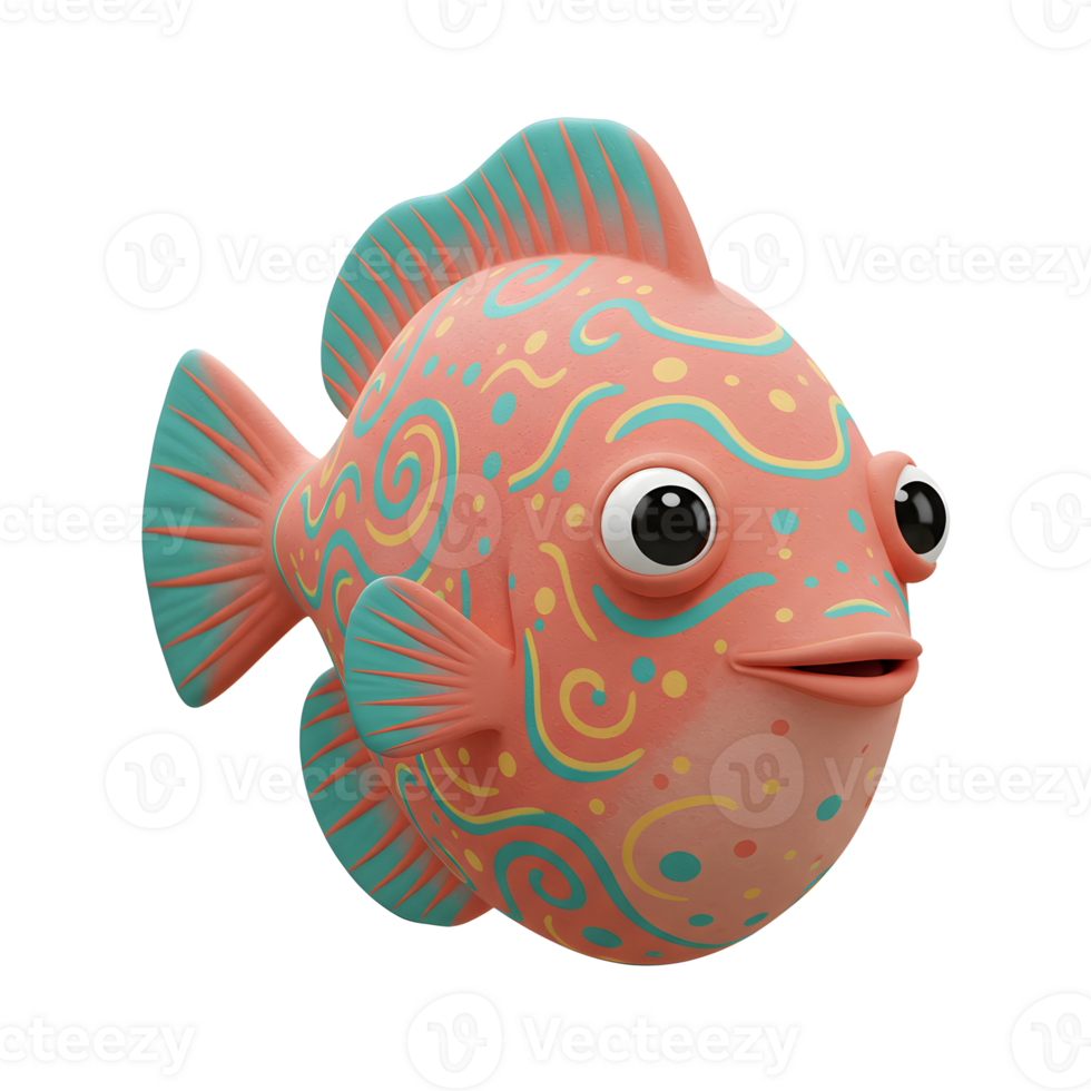 Cartoon Fish with Decorative Swirls, Cute Character Isolated on White png