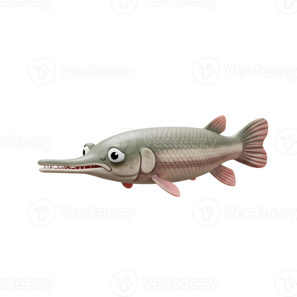 Cartoon Gar Fish Swimming with Bubbles Underwater on White Background png