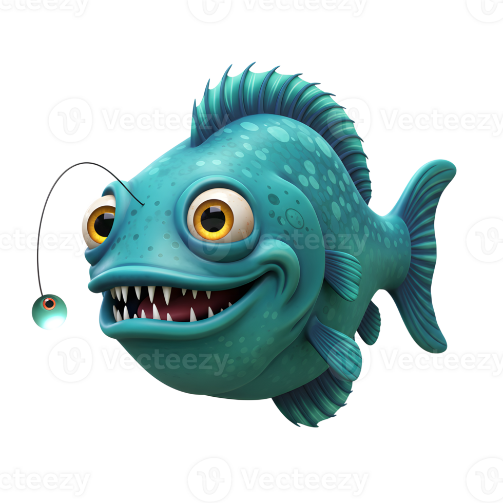Cartoon Anglerfish Character Illustration with Glowing Lure and Sharp Teeth png