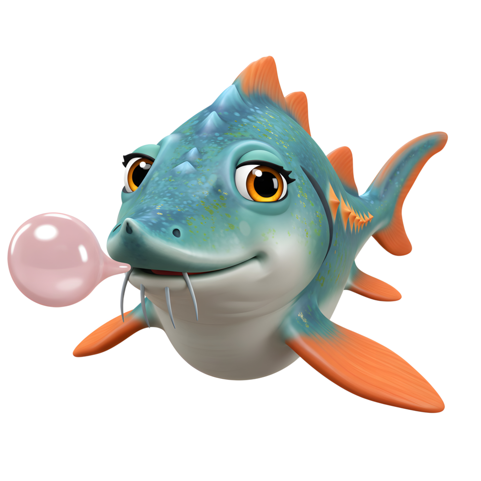 Cartoon Fish Blowing Bubble Gum Illustration on a White Background png