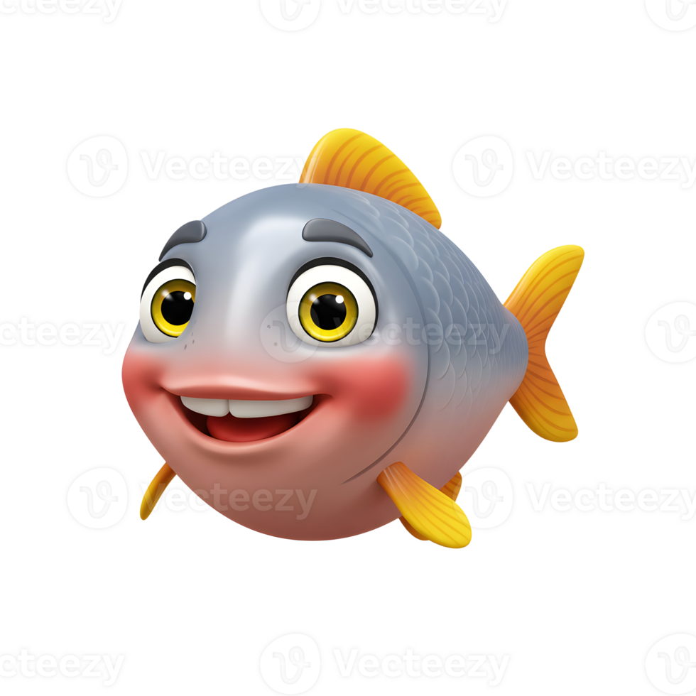Smiling Cartoon Fish Illustration with Gray Scales and Yellow Fins png