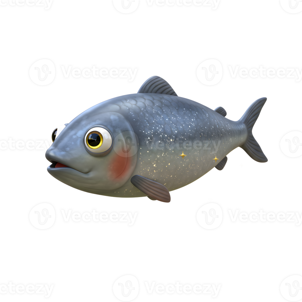 Cartoon Fish Floating with Gold Stars Against a White Background png