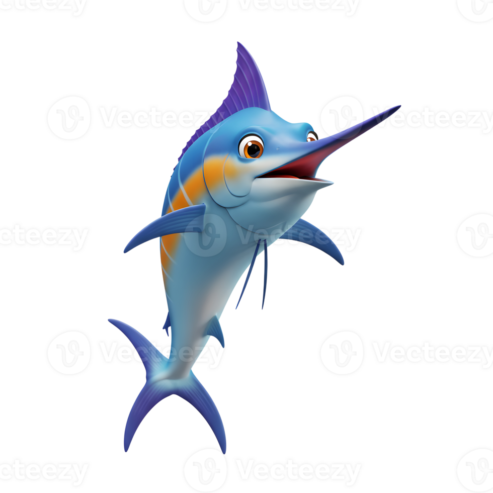 Cartoon Marlin Fish Illustration Swimming Upward Isolated on White Background png