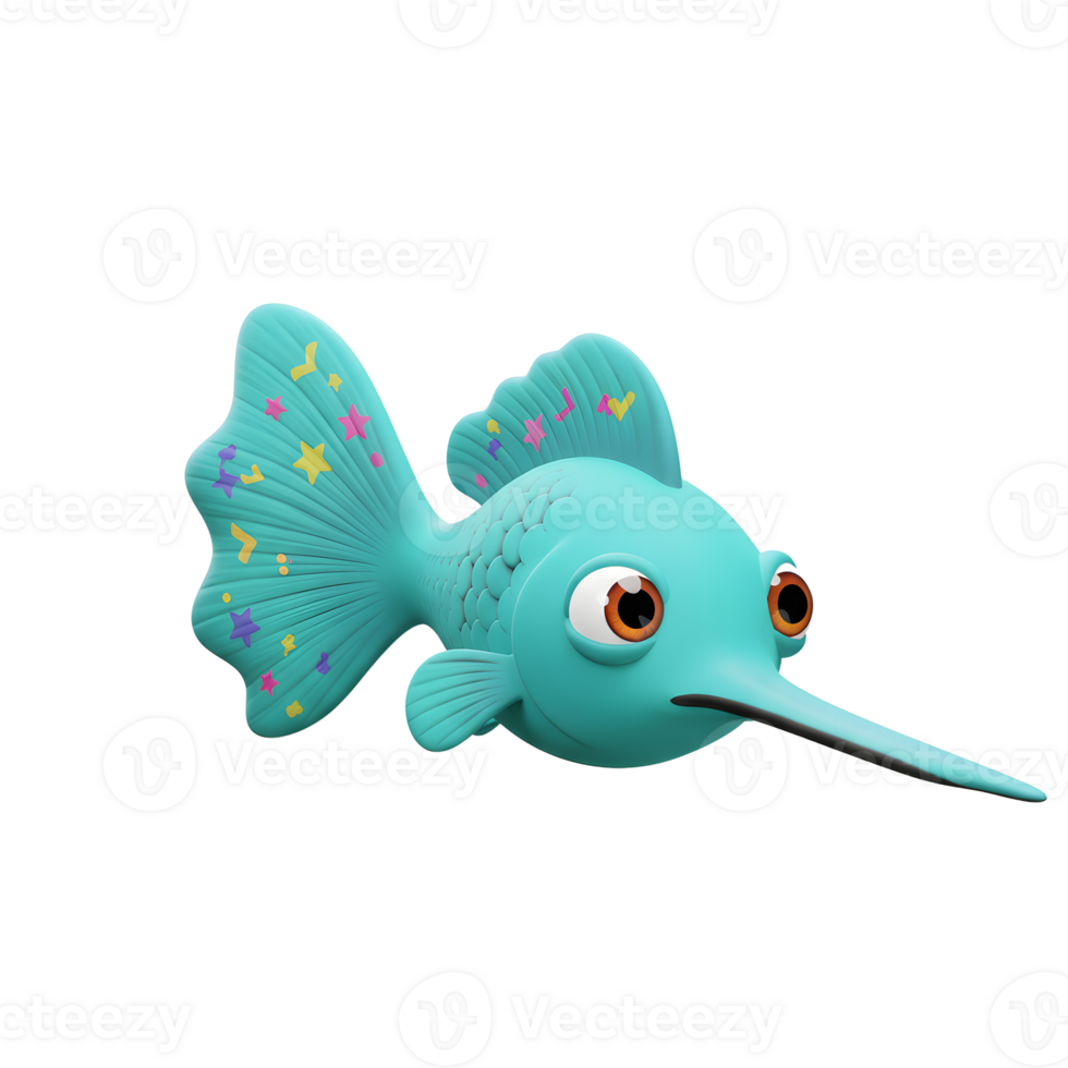 Cartoon Swordfish Character with Decorative Fins Isolated on White Background png
