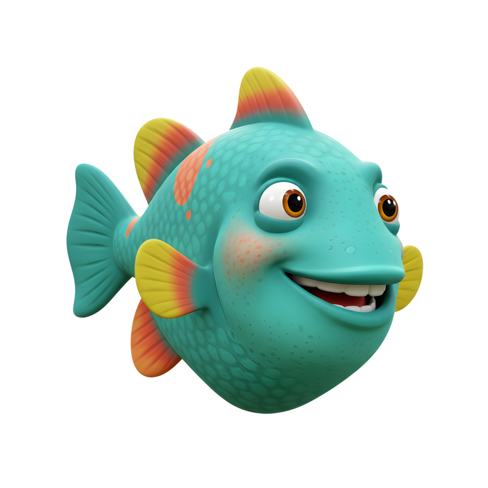 Cartoon Fish Smiling Teal with Orange Fins Isolated on White png