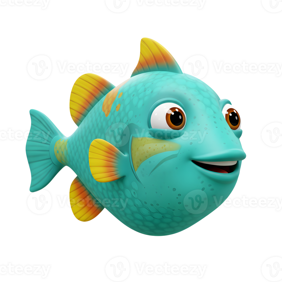 Cartoon Fish Character with Turquoise Scales and Yellow Fins on White png
